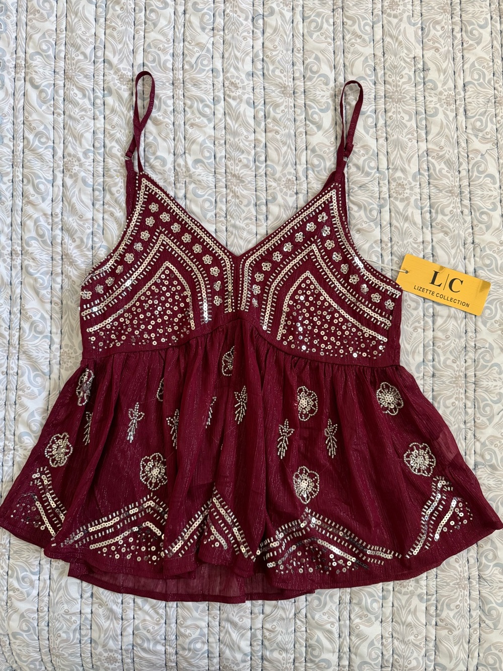 Lizette Collection XS Burgundy Beaded Sequin Babydoll Cami Boho Festival Y2K Top - Picture 2 of 9
